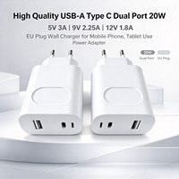 Pengiriman Cepat USB-A Tipe C Dual Port 20W 5V 3A 9V 2.25A 12V 1.8A Charger Dinding Colokan EU untuk Penggunaan Kamera dan Speaker Charger Ponsel
