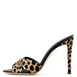 Sexy Leopard High Heel Mules Open Toe Heeled Slipper Slides Sandals Women Heels Ladies Summer Party Club Shoes 2024 Plus Size