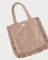 Sac fourre-tout à volants en toile gingham marron crème imprimé sur mesure, sac à bandoulière vintage en coton à carreaux, sac à main en toile style Cottagecore, vente en gros