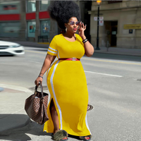 Robe longue fendue à col rond pour femme, grande taille, unie et à rayures, avec empiècements