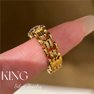 Anillo de Plata de Ley S925 con Baño de Oro y Diseño de Lazo, con Incrustaciones de Circonitas, para Uso Diario, Modelo Purple Charm - Product Image 2