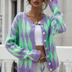 Y2k 90s 미적 Streetwear 아가일 카디건 스웨터 자켓 사용자 정의 스웨터 복장 소프트 니트 버튼 프론트 자르기 스웨터 여성