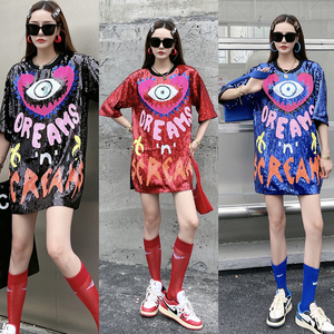 Femmes Mode Glitter Sequin Eye Manches Courtes Lâche Long T Dree Sequin Jersey Basketball - Product Image 6