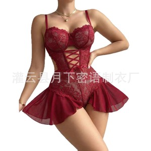 Lencería sexy transparente de encaje con efecto push-up, body ultra-sexy con aberturas, ropa interior femenina multicolor - Product Image 4