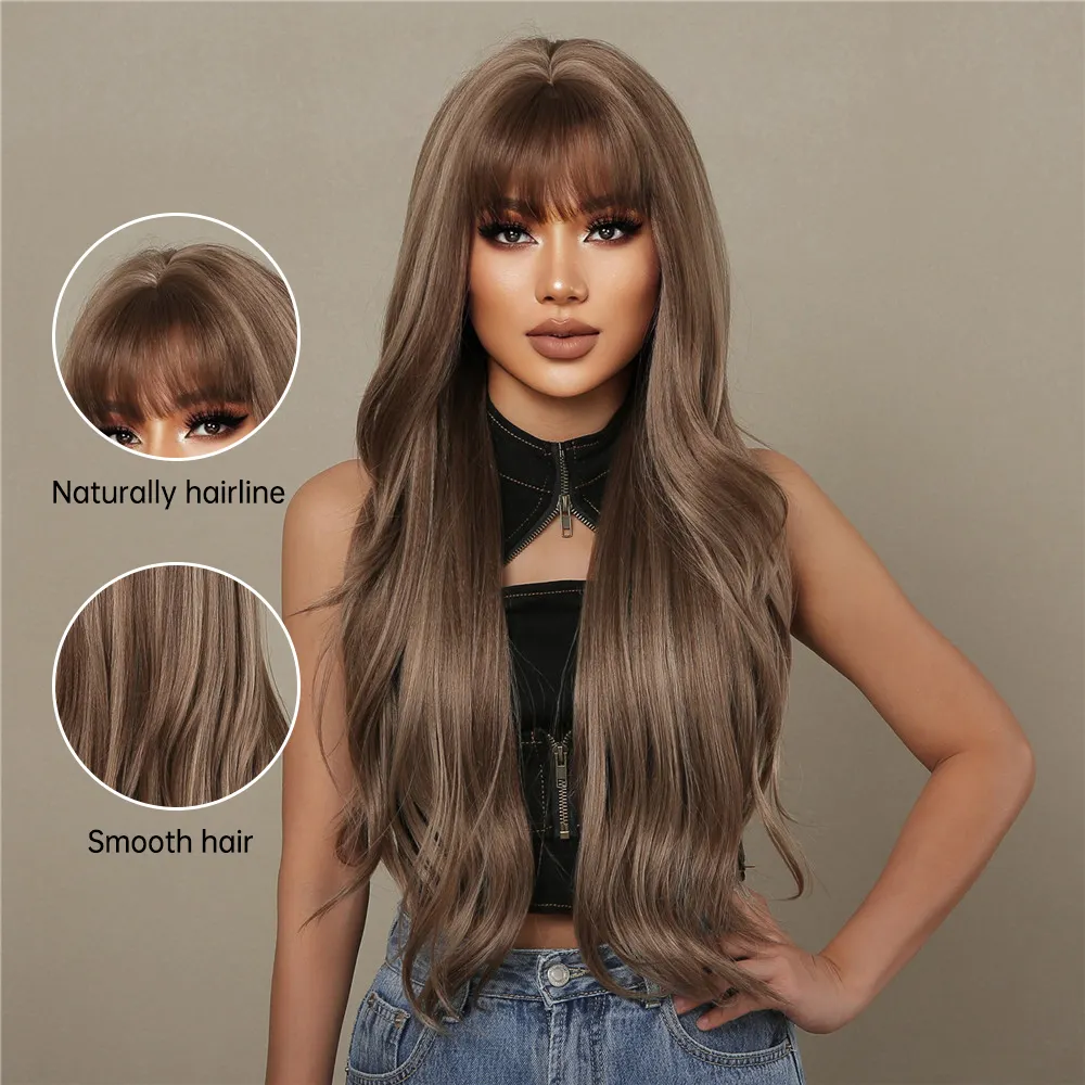 with Bangs Hair Wigs Long Layered Brown Natural Wavy Synthetic Wigs for White Women