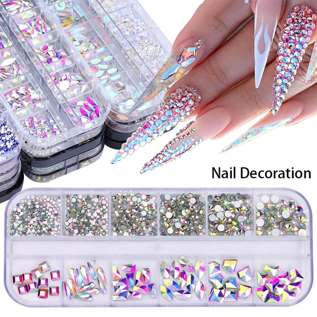 12 Grids Colorful Nail Diamond Rhinestones Flatback AB Crystals Nail Art Rhinestones for DIY