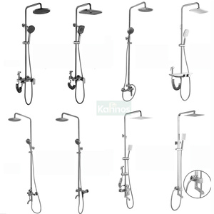 Système de douche intelligent Gunmetal à montage mural apparent, avec pommeau de pluie carré, panneau à touches piano, étagère, douchette bidet et douchette à main multifonction - Product Image 2