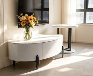 Table basse ovale moderne avec plateau en marbre, structure en métal, rangement, meubles de salon - Product Image 2