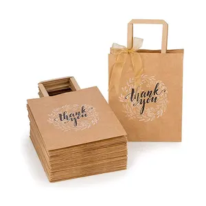 Custom Printed Cheap Eco Recycle Take Away Food Gift Packaging Brown Kraft Thank You Shopping Tote Flat Handle Paper Bag