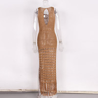 GX9702 vente en gros de cache-Bikini Style sans manches pour femmes, ajouré Crochet frange, robes tricotées à franges, robe de plage longue