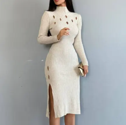 Long sleeved hollowed out sexy knitted skirt is selling well in solid color autumn/winter split mid length tight fitting dress