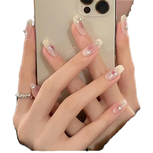 Blush Starlet Press <span class=keywords><strong>en</strong></span> las <span class=keywords><strong>uñas</strong></span> con <span class=keywords><strong>efecto</strong></span> de rubor y estrellas de cuatro puntos de metal <span class=keywords><strong>Uñas</strong></span> postizas extraíbles hechas a mano puras - Product Image 1