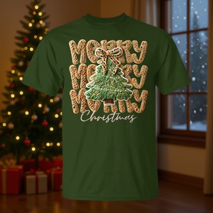 T-shirt con fiocco natalizio verde, design festivo - Product Image 3