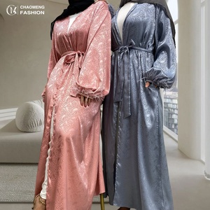 <b>Feather</b> <b>Cuff</b> & Printed Abaya Set on Sale - Elegant Satin Kimono Abaya with Inner Dress Outfit (1950+6435) - Product Image 3