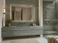 Dalles de marbre vert McLaren polies, découpées sur mesure pour les plans de toilette, les lavabos, les îlots de cuisine et les plateaux de tables consoles