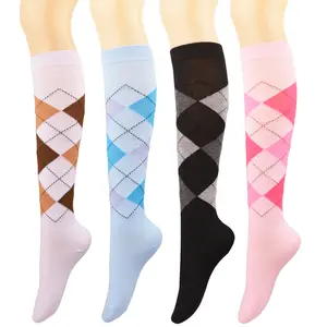 checkered student Anti Fatigue Spandex Compression Knee High Socks women's mid length socks