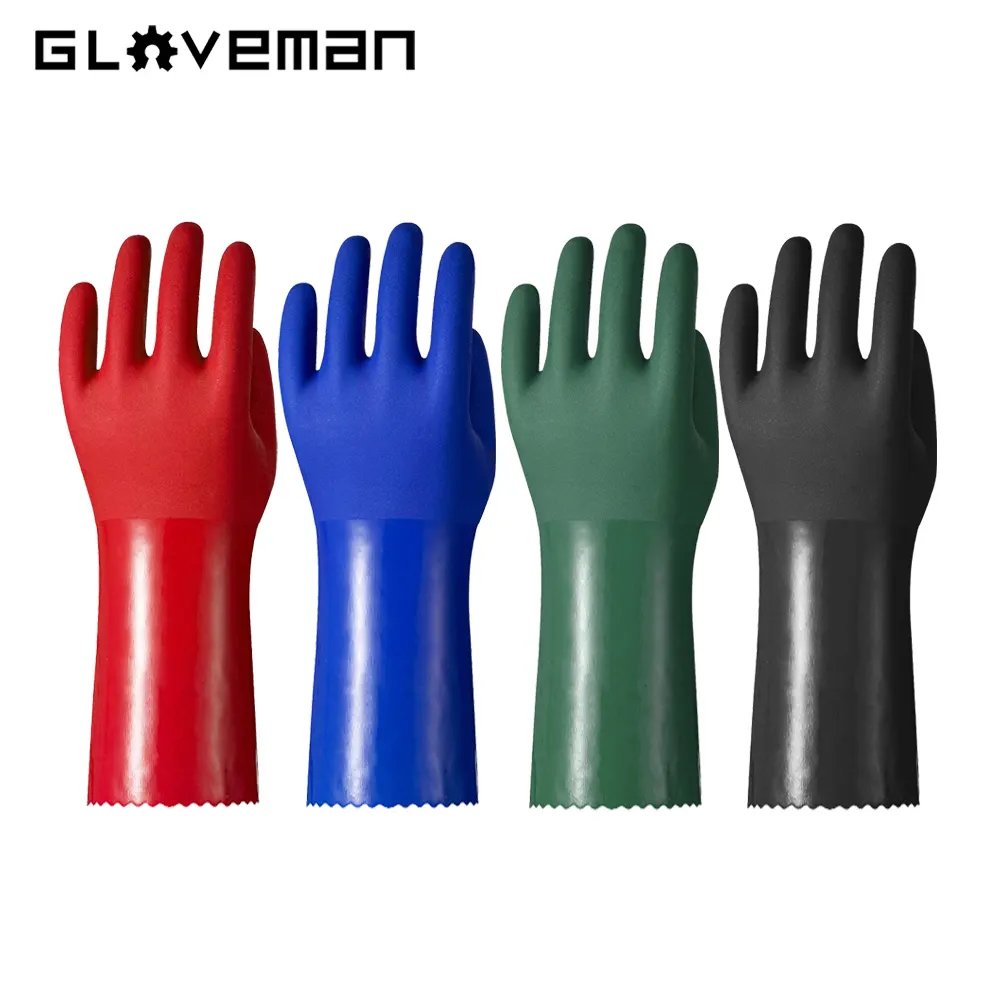 GLOVEMAN sarung tangan PVC anti air, sarung tangan PVC lapis ganda biru panjang, karet kerja keselamatan industri, anti Kimia, asam minyak, 35/40/45