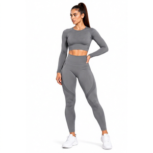 Risk Sports Women Solid Grey Long Sleeve Crop <b>Top</b> <b>and</b> Nylon/Cotton <b>Leggings</b> 2 Piece Yoga Set - Product Image 1