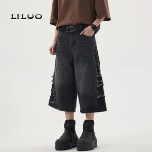 Maßgeschneiderte Herren-Jorts mit Rohem Saum und Abgeschnittenen Kanten, Gewaschene Weite Denim-Hosen, Weiche Lässige Baumwoll-<span class=keywords><strong>Streetwear</strong></span> Herren-Jeans-Shorts - Product Image 5