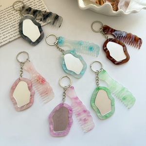 Set de Espejo y Peine con Forma de Nube Irregular Estilo Coreano, de Acetato con Efecto Mármol, Llavero Portátil para Mujer, Accesorios para Coche y Bolso - Product Image 1