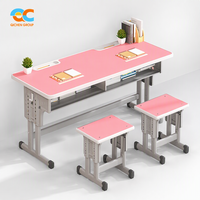Ensemble de bureau double moderne pour étudiants, rose, réglable en hauteur, avec tabouret en métal, pour salle de classe primaire - Produit certifié usine