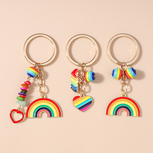 Fashion Colorful Rainbow & Heart Keychain with Bead Charm Cute Creative Decorative <b>Key</b> <b>Ring</b> for Bag <b>Car</b> Accessory Ideal Gift - Product Image 1