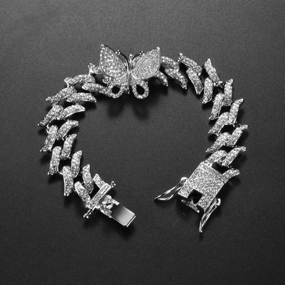 Hot sale fashion beautiful cubic zirconia charm bracelet daily ladies pink cuban chain butterfly bracelet