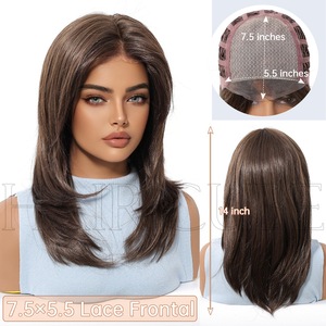 Perruque MONO à base filet, nouée à la main, en fibre japonaise haute température, effet naturel, coupe dégradée, raie centrale, frange, raie libre, cheveux lisses et volumineux - Product Image 4