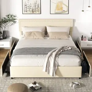 Juegos de muebles de dormitorio blancos Kainice, cama de plataforma de almacenamiento tapizada con cajón moderno tamaño King de lujo