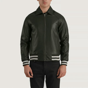 <b>Men's</b> Black PU <b>Leather</b> Bomber <b>Jacket</b> with Zipper Closure and Striped Cuffs Casual Autumn Wear - Product Image 3