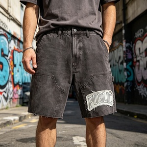 OEM Clothing Manufacturer Custom Baggy Vintage <b>Wash</b> Applique Embroidery Denim Shorts Leather Patch Loose Streetwear Men's Shorts - Product Image 3