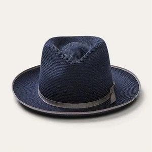 Elegant <b>Navy</b> Blue Woven Straw Fedora <b>Hat</b> for Men Breathable Wide Brim Summer Dress <b>Hat</b> with Grosgrain Trim - Product Image 1