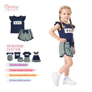 Ensembles de vêtements d'été <span class=keywords><strong>pour</strong></span> filles en coton imprimé, avec manches volantées personnalisées, smockées, broderie au nœud <span class=keywords><strong>français</strong></span> et nœud décoratif - Product Image 1