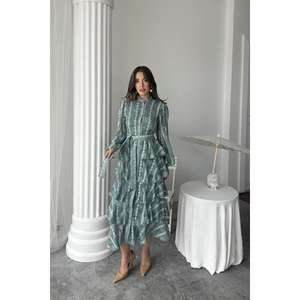 Robe longue en mousseline de soie menthe à volants avec col mandarin, silhouette trapèze, tissu respirant, taille naturelle - Product Image 5