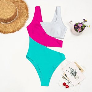 Scollo rotondo a gamba alta taglio Patchwork tinta unita multicolore <span class=keywords><strong>Sexy</strong></span> costume da bagno donna costume intero costumi da bagno costumi da bagno 2025 - Product Image 3