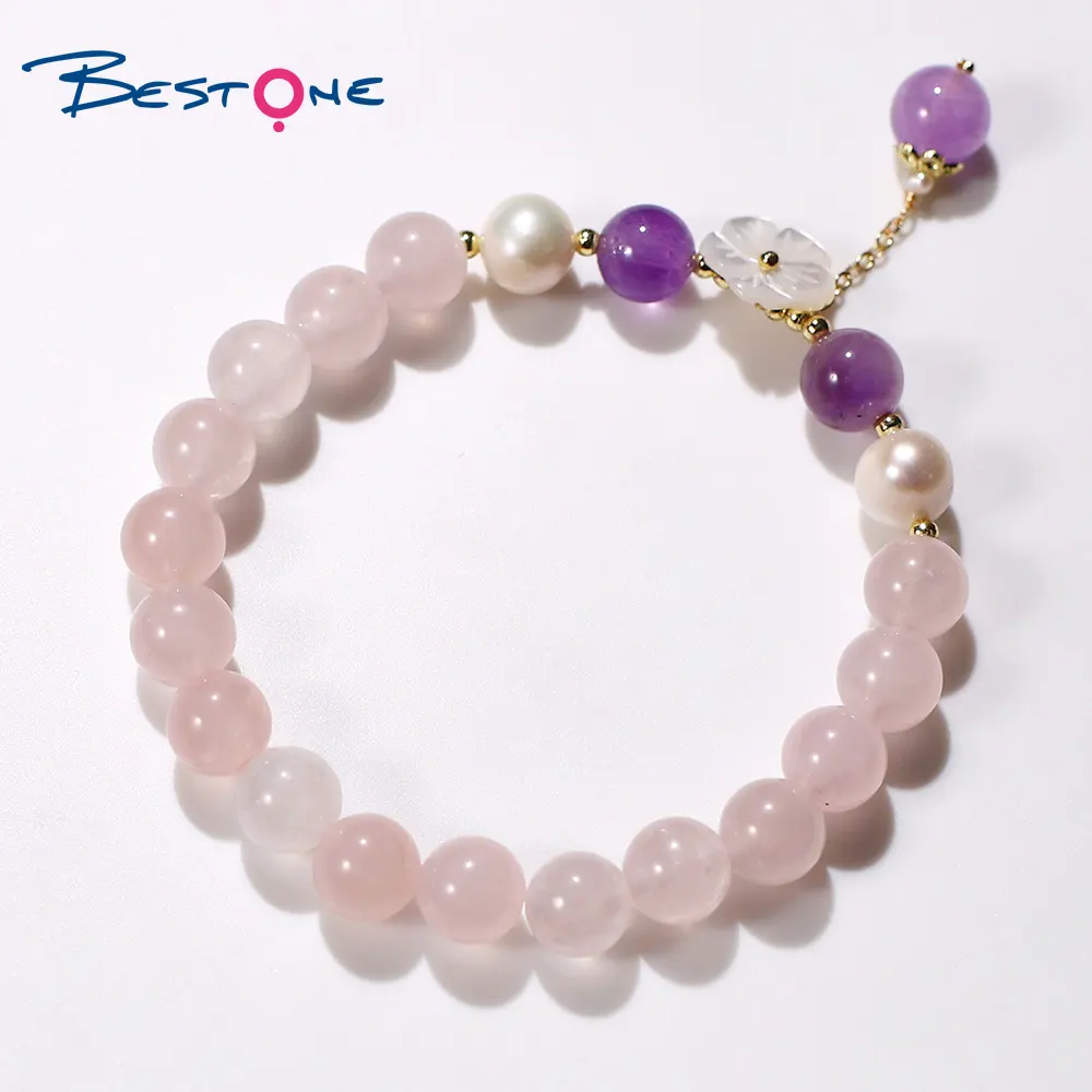 Bestone perline di pietra naturale bracciale di ametista al quarzo rosa bracciale di perle d'acqua dolce con fiore di conchiglia
