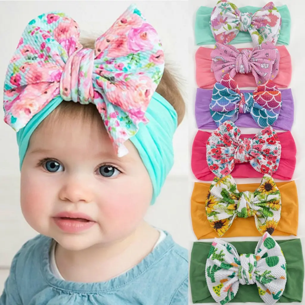 2024 New Sweet Floral Printed Kids Hair Band Wide Cute Nylon Turban Headbands Baby Girl Elastic Bowknot Hair Accessories