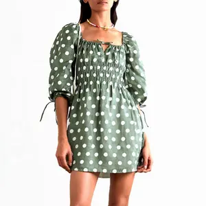 Thời Trang Phong Cách Puff Tay Áo Vuông Cổ Áo Polka Dot Tầng Màu Xanh Lá Cây Nhạt Mini Dress Quần Áo Thanh Lịch Cho Phụ Nữ