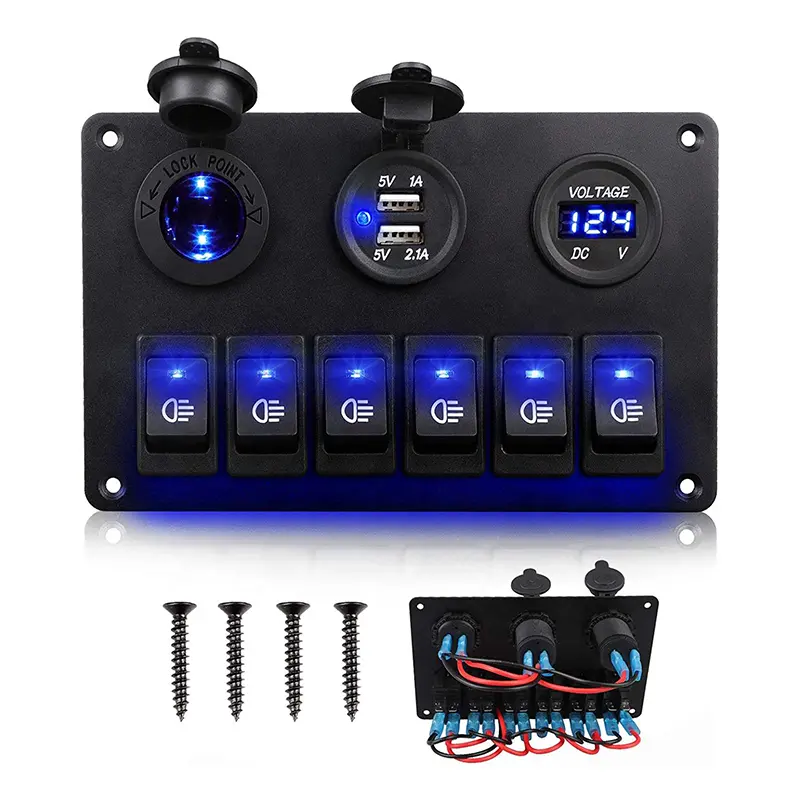 6 Gang Rocker Switch Panel with Digital Voltmeter, Double USB Power Charger and 12V Cigarette Lighter Socket for Car Boat Truck