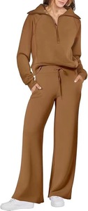 Yeni varış Loungewear kadın 2 parça eşofman takımı rahat kazak kıyafeti geniş bacak pantolon ile pantolon seti fermuar spor Hoodie - Product Image 4