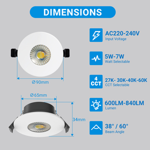 ไฟดาวน์ไลท์ <span class=keywords><strong>LED</strong></span> แบบฝังฝ้าเพดาน เส้นผ่านศูนย์กลาง 90 มม. 5W 7W ปรับได้ 4CCT เลือกได้ ไฟดาวน์ไลท์ <span class=keywords><strong>LED</strong></span> ขนาดเล็ก 840LM ไฟสปอตไลท์ <span class=keywords><strong>LED</strong></span> - Product Image 2