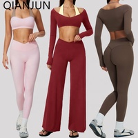Ensemble de 6 pièces décontractées pour femmes, color block, haut court à manches longues, taille haute sexy, tenue de sport, survêtement