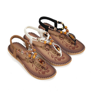 Flat <b>Sandals</b> Open Toe Beaded Decor Microfiber Leather Slip-On Summer Women Shoes Elegant Floral Design Drop Shipping - Product Image 3