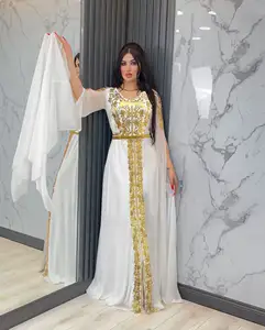 女性穆斯林服装2023迪拜谦虚v领发光非常漂亮的金色图案模型穆斯林阿巴亚