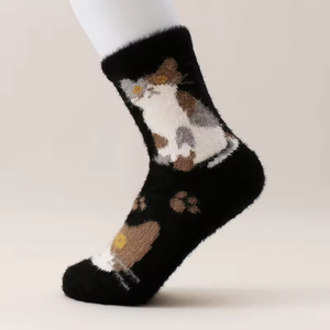 Chaussettes de nuit douces et moelleuses pour femmes, motif <span class=keywords><strong>chat</strong></span> de dessin animé mignon, chaudes en peluche pour l'hiver, chaussettes épaisses pour la maison, chaussettes à logo personnalisé, chaussettes douces et confortables - Product Image 2