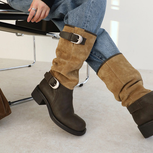 Nouvelle Arrivée 2026 – Bottes Western Rétro à Jambe Droite pour Femme avec Boucles Métalliques et Daim Bicolore - Product Image 2