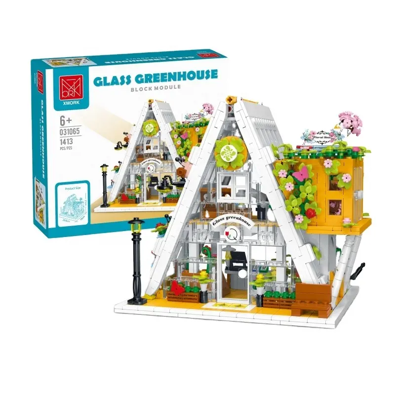 Hot Selling MORK 031065 Glass Greenhouse Building Set 1413pcs Street View Blocks Diy building block sets for children