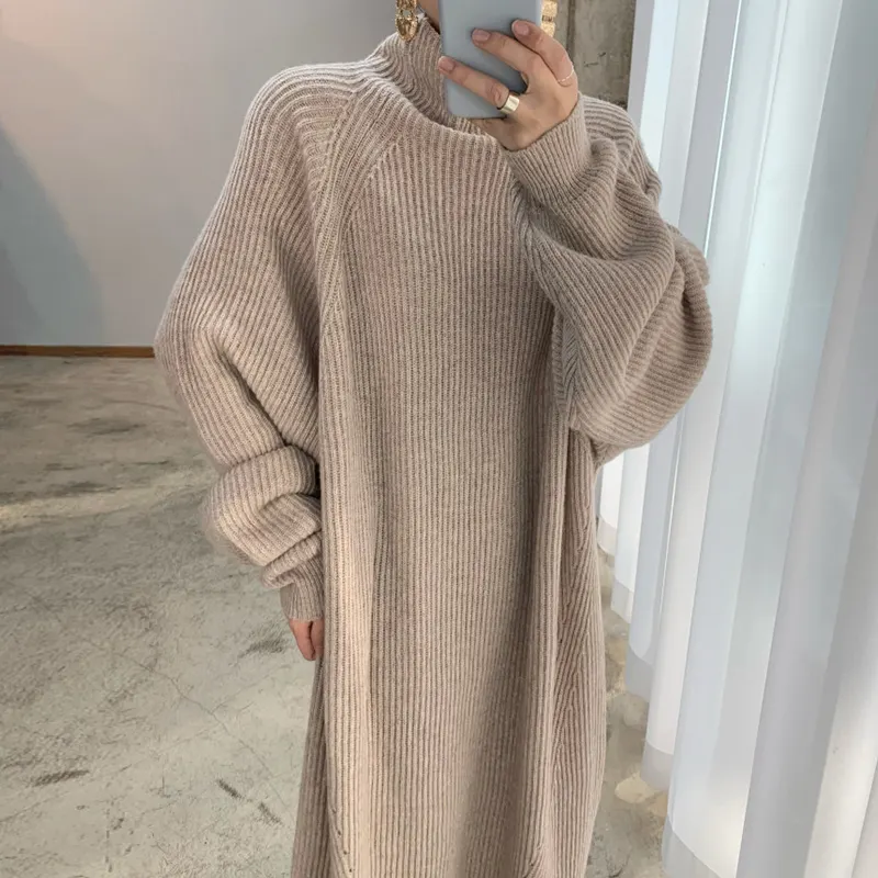 Long Sleeve Knitted Dress Korean Chic Autumn Winter High Neck Dress Female Ribbing Loose Casual Solid Color Sweater Dress