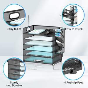 ארגונית קבצים 6 קומות עם 4 מחזיקי עטים מגש נייר ארגונית קבצים רשת ארגונית שולחן כתיבה מגש מכתבים עם ידית - Product Image 3