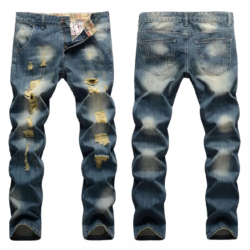 Aeedenim Nhà Máy Tùy Chỉnh Ripped Jeans Của Nam Giới Mỏng Thẳng Kích Thước Lớn Thời Trang Hàn Quốc Phong Cách Xu Hướng Cá Tính Ăn xin Dài Quần